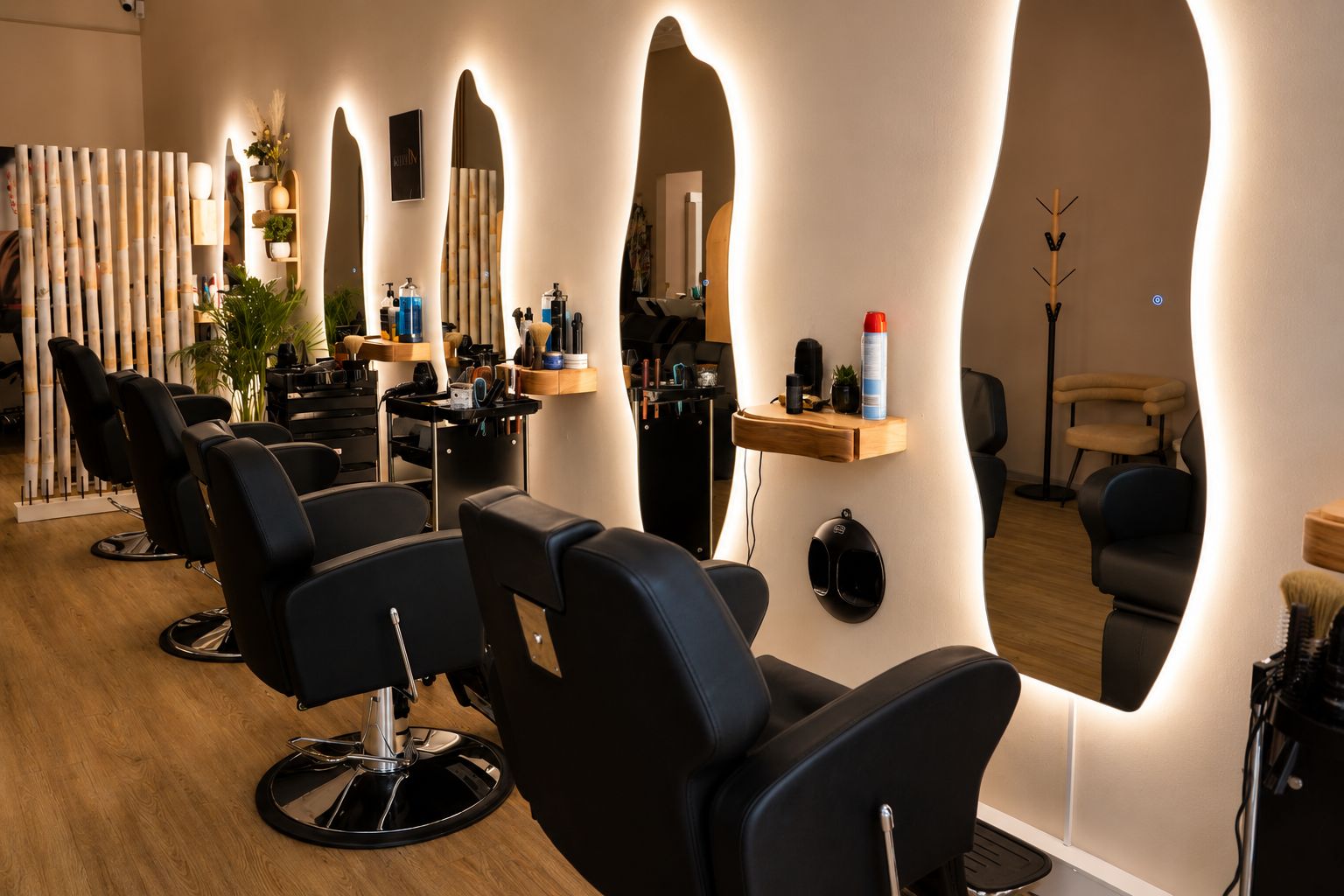 Bedienplätze mit beleuchteten Spiegeln im Haarwerk Studio Sinsheim